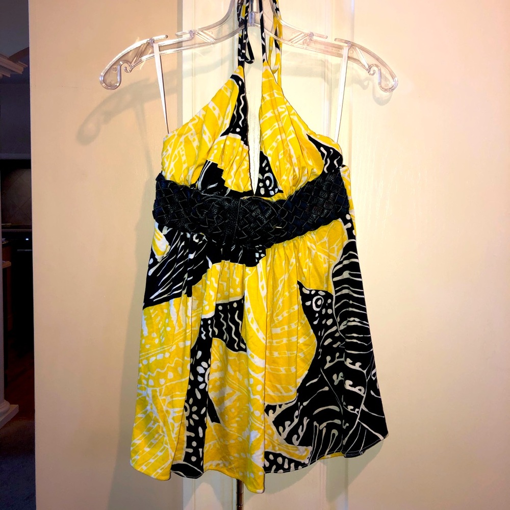 Sky Halter Top with Black Leather Trim, Size M